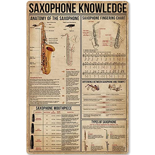 QQIAEJIA Saxophone Knowledge Metall Blechschild Musikinstrument Fingersatz Diagramm Infografik Poster für Schule Zuhause Küche Club Bar Plaque Dekoration 8x12in (20x30cm) von QQIAEJIA
