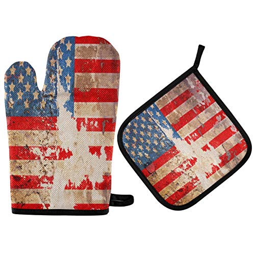 Vintage American Flag Wall Oven Mitts & Pot Holders Set Kitchen Decor Grunge USA Flag Heat Resistant Gloves and PotHolders Pad 2Pcs Recycled Microwave Gloves for Baking Cooking Grillen BBQ Home Deco von QQIAEJIA