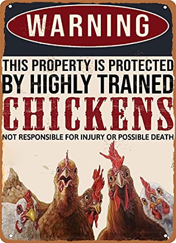 Warning This Property is Protected by Highly Trained Chickens Vintage-Wanddekoration, Bar-Dekor, Aluminiumschild für Zuhause, Küche, Bar, lustiges sarkastisches Metallblechschild, 20,3 x 30,5 cm von QQIAEJIA