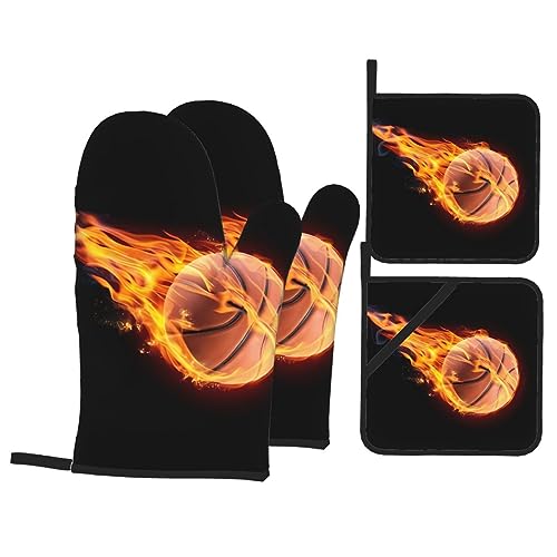 Basketball On Fire Ofenhandschuhe und Topflappen-Set, hitzebeständige Ofenhandschuhe und Topflappen, Grillhandschuhe, Hot Pads, Kochhandschuhe für Küche, Backen, Grillen, 4-teiliges Set von QQLADY