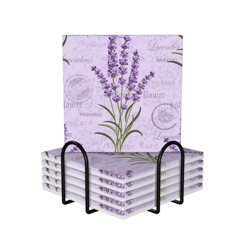 Lavendel-Stempel-Untersetzer für Getränke, Set mit 6 Keramik-Untersetzern mit Halter, saugfähige runde Keramiksteinmatte, Getränkeuntersetzer für Küche, Heimdekoration, Einweihungsgeschenk von QQLADY
