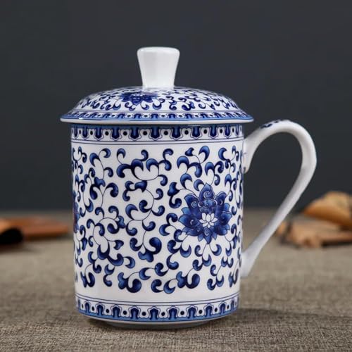 QQLADY Blaue und weiße Porzellan-Teetasse mit Deckel, Keramik-Haushaltsbecher aus Knochenporzellan, Büro-Persönlichkeitstasse von QQLADY