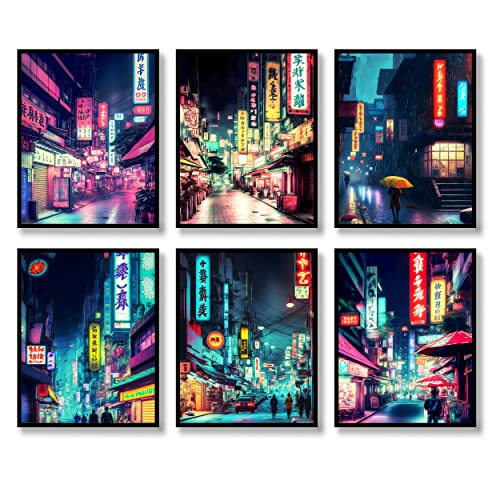 QQQDADA Japanische Wandkunstdrucke, Set mit 6 japanischen Neon-Postern, abstrakte Illustration, Wanddekoration, Tokio-Nacht-Straßen, Bild, Leinwand-Kunst, Gemälde für Wohnzimmer, Schlafzimmer, von QQQDADA