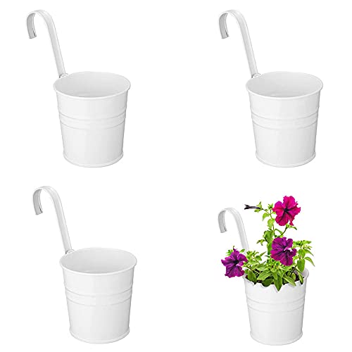 Sertay Hängender Blumentopf, 4 Stück Metall Blumentöpfe, Zaun Hängende Blumentöpfe, mit Haken, zum Aufhängen Außenbalkon Garten Landhaus Dekoration(Weiß) von Sertay