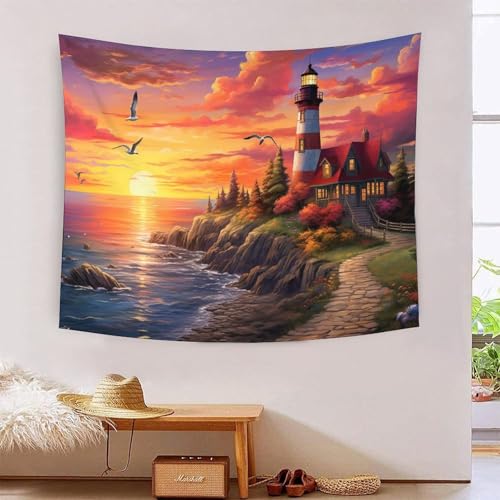 QQZNFTBVF Coastal Lighthouses 3D Printing Tapestry for Living Room Bedroom Decorations Wall Hanging Home Decor Bedding 70cmx100cm von QQZNFTBVF