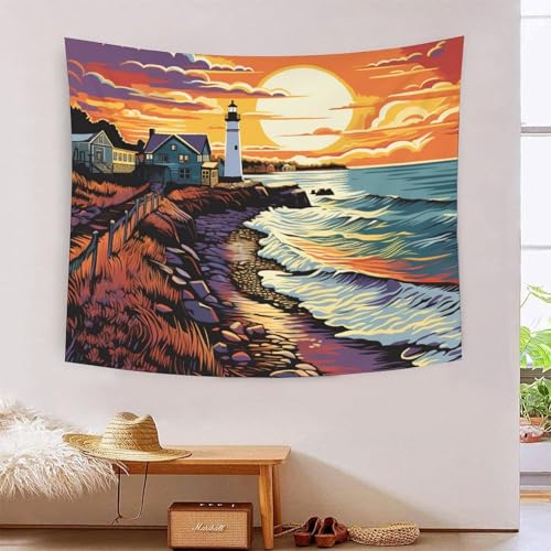QQZNFTBVF Coastal Lighthouses 3D Printing Tapestry for Living Room Bedroom Decorations Wall Hanging Home Decor Wall Tapestries 130cmx150cm von QQZNFTBVF