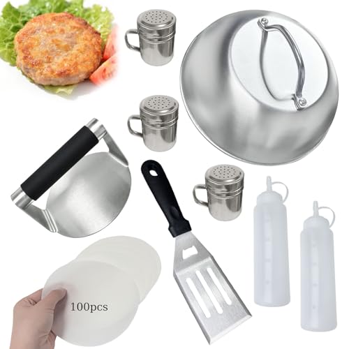 QQdou Smash Burger-Set, Burger-Smasher/Press-Patty-Maker, Grillspatel mit Flaschenöffner, Käseschmelzkuppel, Gewürzstreuer, Quetschflaschen, 100 Wachsscheiben, Grillzubehör mit flacher Oberseite (9 von QQdou