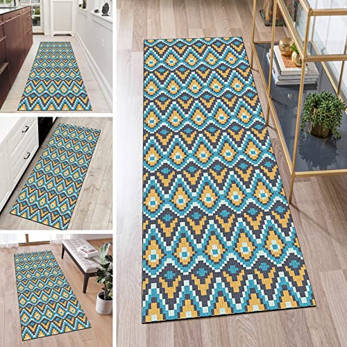 Kücheläufer Waschbar Läufer Teppich Lang Flur rutschfest Blau Grau Gelb 70x200cm Meterware Pixelmuster Teppichmatten Waschbar Korridor Wohnzimmer Schlafzimmer 40 - 120cm Breit, Anpassbare Größe von QQrunner