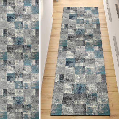 Läufer Flur Küche Teppich rutschfest Blau Grau 50x200CM Lang Kücheläufer Waschbar Meterware Patchwork Teppichmatten Korridor Polyester Wohnzimmer Schlafzimmer 40 - 120cm Breit, Anpassbare Größe von QQrunner