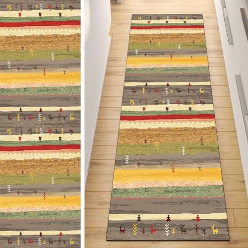 Läufer Flur Küche Teppich rutschfest Gelb Braun 100x300CM Lang Kücheläufer Waschbar Meterware Vintage Teppichmatten Korridor Polyester Wohnzimmer Schlafzimmer 40 - 120cm Breit, Anpassbare Größe von QQrunner