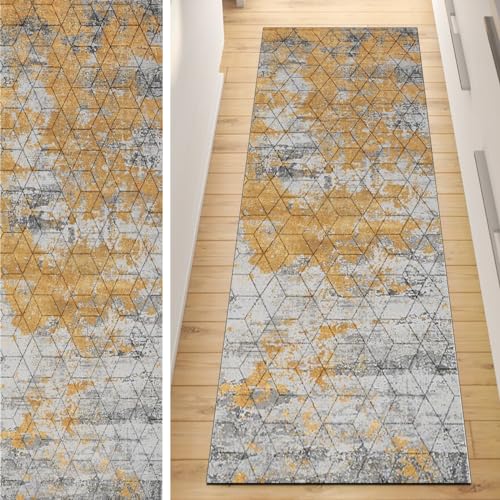 Läufer Flur Küche Teppich rutschfest Grau Gelb 70x220CM Lang Kücheläufer Waschbar Meterware Geometrisch Teppichmatten Korridor Polyester Wohnzimmer Schlafzimmer 40 - 120cm Breit, Anpassbare Größe von QQrunner