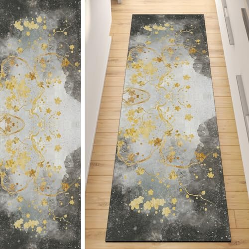 Läufer Flur Küche Teppich rutschfest Grau Gold 80x220CM Lang Kücheläufer Waschbar Meterware Blattmuster Teppichmatten Korridor Polyester Wohnzimmer Schlafzimmer 40 - 120cm Breit, Anpassbare Größe von QQrunner