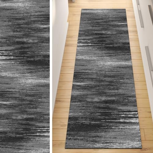 Läufer Flur Küche Teppich rutschfest Schwarz Grau 50x150CM Lang Kücheläufer Waschbar Meterware Abstrakt Teppichmatten Korridor Polyester Wohnzimmer Schlafzimmer 40 - 120cm Breit, Anpassbare Größe von QQrunner