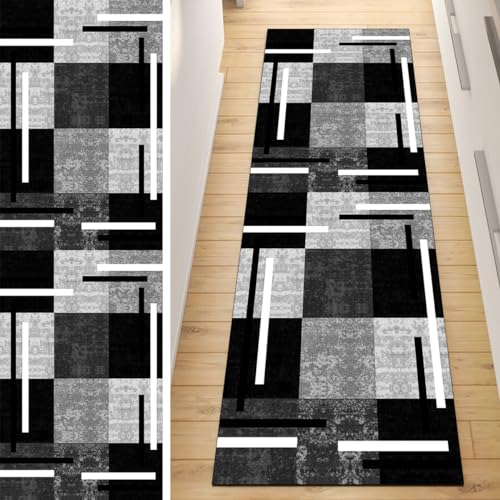 QQrunner Läufer Flur Küche rutschfest Teppich Patchwork 70x110CM Teppichläufer Lang Grau Schwarz Kücheläufer Waschbar Meterware Korridor Polyester Wohnzimmer Schlafzimmer von QQrunner