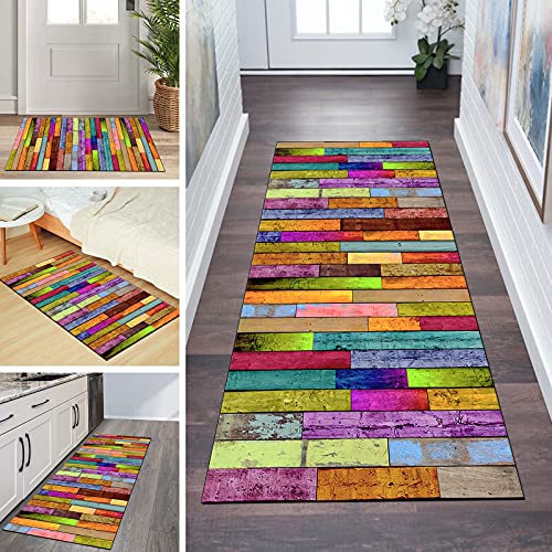 QQrunner Läufer Teppich Flur Bunt rutschfest Meterware 70x120cm Waschbar Küchenteppich Holzmaserung Schlafzimmer Korridor Teppichläufer Lang, Anpassbare Größe, 60-120cm Breit von QQrunner