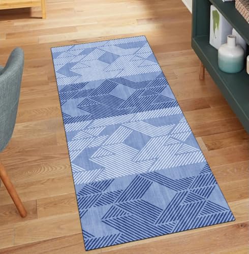 QQrunner Abstrakt Teppich Läufer Flur rutschfest Waschbar 40x450CM Teppichläufer Küchenteppich Meterware Lang Blau Korridor Kücheläufer von QQrunner