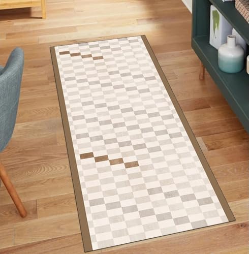 QQrunner Beige Teppich Läufer Flur Waschbar, rutschfest 100x1100CM Teppichläufer Lang Meterware Gitter Muster Küchenläufer Korridor Polyester Wohnzimmer Schmutzfangmatte von QQrunner