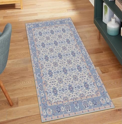 QQrunner Blau Teppich Läufer Flur Meterware Vintage 100x120CM Kücheteppich rutschfest Waschbar Teppichläufer Lang Korridor Polyester Wohnzimmer Schmutzfangmatte von QQrunner