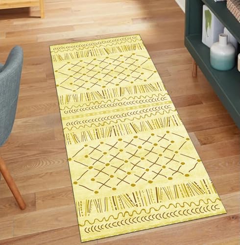 QQrunner Boho Teppich Läufer Flur Waschbar rutschfest 80x150CM Teppichläufer Küchenteppich Meterware Lang Gelb Korridor Kücheläufer von QQrunner