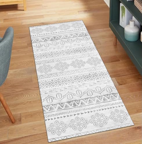 QQrunner Boho Teppich Läufer Flur rutschfest Waschbar 100x400CM Teppichläufer Küchenteppich Meterware Lang Grau Korridor Kücheläufer von QQrunner