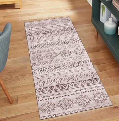 QQrunner Boho Teppich Läufer Flur rutschfest Waschbar 100x700CM Teppichläufer Küchenteppich Meterware Lang Braun Korridor Kücheläufer von QQrunner