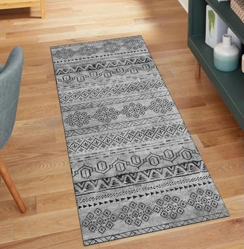 QQrunner Boho Teppich Läufer Flur rutschfest Waschbar 80x600CM Teppichläufer Küchenteppich Meterware Lang Schwarz Kücheläufer Korridor Polyester Wohnzimmer Schlafzimmer von QQrunner