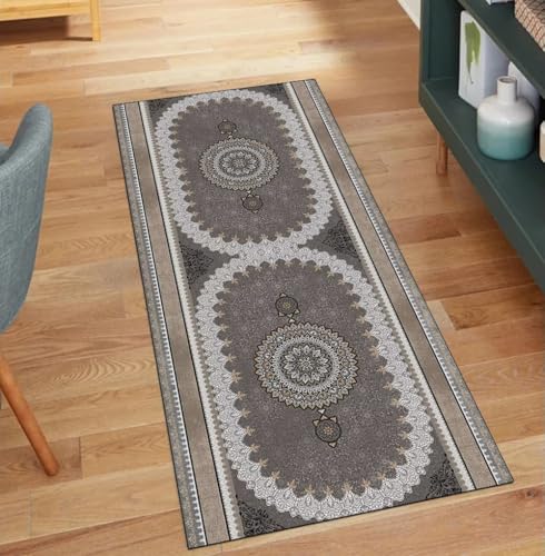 QQrunner Braun Vintage Läufer Flur Waschbar 60x150CM Kücheteppich rutschfest Teppichläufer Meterware Lang Korridor Polyester Wohnzimmer Schmutzfangmatte von QQrunner