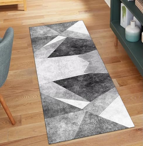QQrunner Grau Kücheteppich Flur rutschfest Lang 110x180CM Teppich Läufer Flur Meterware Waschbar Geometrisch Küchenläufer Korridor Polyester Wohnzimmer Schmutzfangmatte von QQrunner