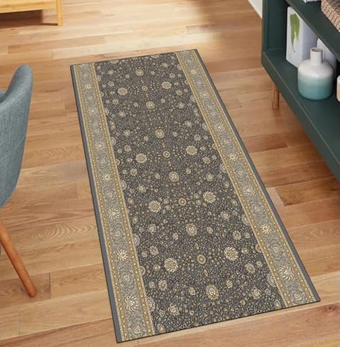 QQrunner Grau Läufer Flur Meterware Waschbar Vintage 40x350CM Kücheteppich rutschfest Teppichläufer Lang Korridor Polyester Wohnzimmer Schmutzfangmatte von QQrunner