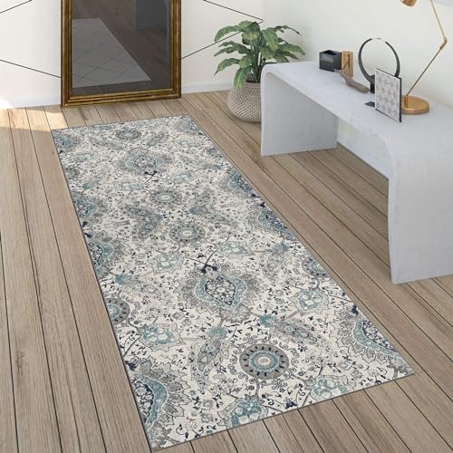 QQrunner Grau Läufer Flur Teppich rutschfest 40x150CM Küchenteppich Vintage Waschbar Meterware Schlafzimmer Korridor Teppich Lang von QQrunner