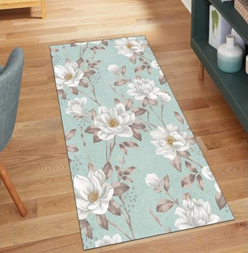 QQrunner Grün Teppich Läufer Flur rutschfest Meterware 80x300CM Teppichläufer Lang Waschbar Blumenmuster Küchenläufer Korridor Polyester Wohnzimmer Schmutzfangmatte von QQrunner