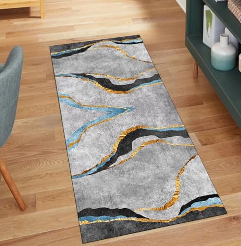 QQrunner Kücheläufer Flur Lang rutschfest Grau 100x280CM Teppich Läufer Flur Meterware Waschbar Abstrakt Küchenläufer Korridor Polyester Wohnzimmer Schmutzfangmatte von QQrunner