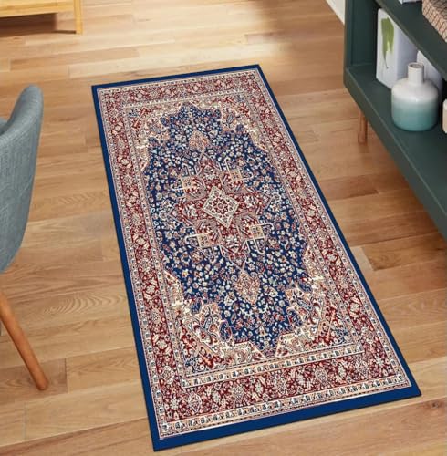 QQrunner Kücheläufer Lang Meterware Vintage Blau 60x250CM Kücheteppich rutschfest Waschbar Teppich Läufer Flur Korridor Polyester Wohnzimmer Schmutzfangmatte von QQrunner