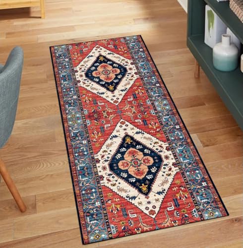 QQrunner Kücheläufer Rot 120x1500CM Vintage Teppichläufer rutschfest Meterware Teppich Läufer Flur Waschbar Lang Korridor Polyester Wohnzimmer Schmutzfangmatte von QQrunner