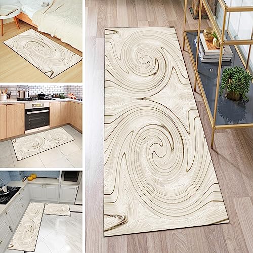 QQrunner Kücheläufer Waschbar Läufer Teppich Lang Flur rutschfest Beige 60x110cm Meterware Abstrakt Teppichmatten Waschbar Korridor Wohnzimmer Schlafzimmer 40-120cm Breit, Anpassbare Größe von QQrunner