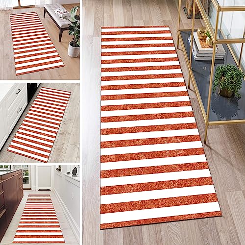 QQrunner Kücheläufer Waschbar Läufer Teppich Lang Flur rutschfest Rot 100x450cm Meterware Weiß Gestreift Teppichmatten Waschbar Korridor Wohnzimmer Schlafzimmer 40-120cm Breit, Anpassbare Größe von QQrunner