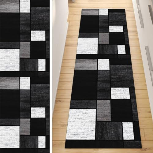 QQrunner Kücheläufer Waschbar Läufer Teppich Lang Flur rutschfest Schwarz Grau 40x300cm Meterware Modern Teppichmatten Waschbar Korridor Wohnzimmer Schlafzimmer 40-120cm Breit, Anpassbare Größe von QQrunner