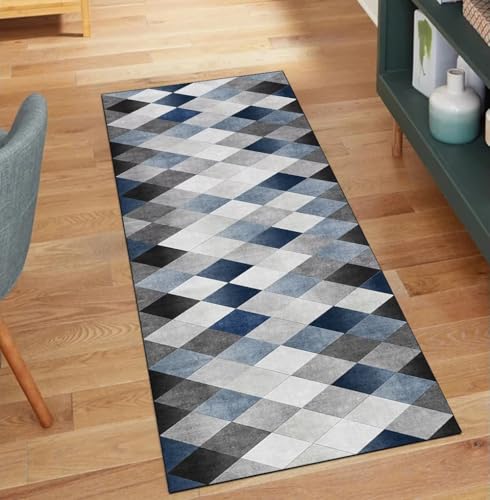 QQrunner Küchenläufer rutschfest, Waschbar Grau Blau 50x500CM Teppich Läufer Flur Lang Meterware Patchwork Teppichläufer Korridor Polyester Wohnzimmer Schmutzfangmatte von QQrunner