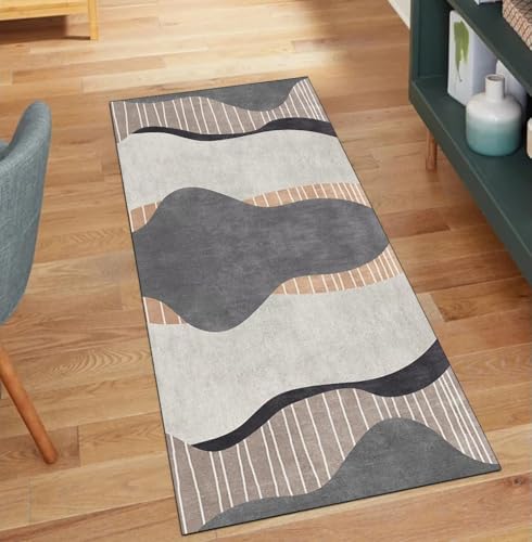 QQrunner Küchenteppich Grau Braun 100x700CM Teppichläufer rutschfest Meterware Abstrakt Teppich Läufer Flur Waschbar Lang Korridor Polyester Wohnzimmer Schmutzfangmatte von QQrunner