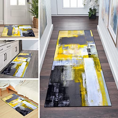 QQrunner Küchenteppich rutschfest Küche 70x150cm Schwarz Gelb Grau Abstrakt Meterware Waschbar Lang Teppich Läufer Flur Teppichläufer Schlafzimmer Korridor, Anpassbare Größe, 40-120cm Breit von QQrunner