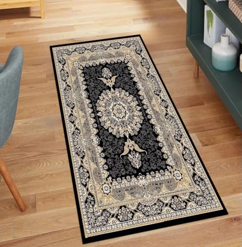 QQrunner Kücheteppich Lang, Vintage Meterware Schwarz 40x400CM Teppichläufer rutschfest Waschbar Teppich Läufer Flur Korridor Polyester Wohnzimmer Schmutzfangmatte von QQrunner