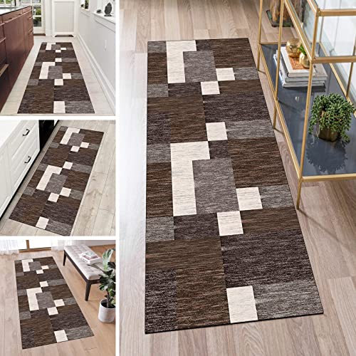 QQrunner Kücheteppich Waschbar Grau Braun Lang Teppich Läufer Flur rutschfest 60x90cm Meterware Patchwork Teppichmatten Waschbar Korridor Wohnzimmer Schlafzimmer 40-120cm Breit, Anpassbare Größe von QQrunner