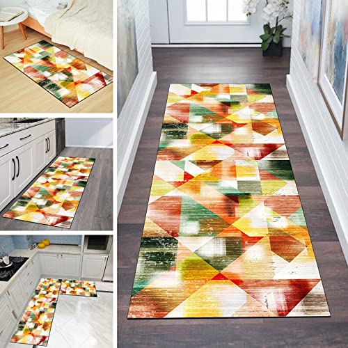 QQrunner Kücheteppich Waschbar Orange Grün Lang Teppich Läufer Flur rutschfest 70x180cm Meterware Abstrakt Teppichmatten Waschbar Korridor Wohnzimmer Schlafzimmer 40-120cm Breit, Anpassbare Größe von QQrunner