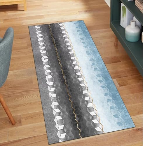 QQrunner Küchläufer rutschfest Waschbar Grau Blau, 110x850CM Teppich Läufer Flur Lang Meterware Geometrisch Teppichläufer Korridor Polyester Wohnzimmer Schmutzfangmatte von QQrunner