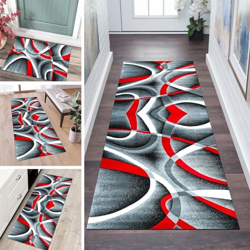 QQrunner Läufer Flur Küche Teppich rutschfest 50x100CM Küchenteppich Patchwork Grau Rot Waschbar Meterware Schlafzimmer Korridor Teppichläufer Lang, Länge Anpassbare, 40-120cm Breit von QQrunner