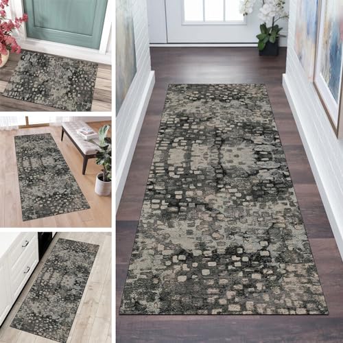 QQrunner Läufer Flur Küche Teppich rutschfest 50x250CM Küchenteppich Abstrakt Vintage Grau Beige Waschbar Meterware Schlafzimmer Korridor Teppichläufer Lang, Länge Anpassbare, 40-120cm Breit von QQrunner