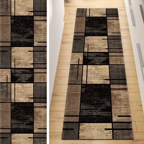 QQrunner Läufer Flur Küche Teppich rutschfest Braun 90x140cm Lang Kücheläufer Waschbar Meterware Vintage Teppichmatten Korridor Polyester Wohnzimmer Schlafzimmer 40-120cm Breit, Anpassbare Größe von QQrunner