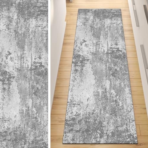 QQrunner Läufer Flur Küche Teppich rutschfest Grau 90x600CM Lang Kücheläufer Waschbar Meterware Abstrakt Teppichmatten Korridor Polyester Wohnzimmer Schlafzimmer von QQrunner