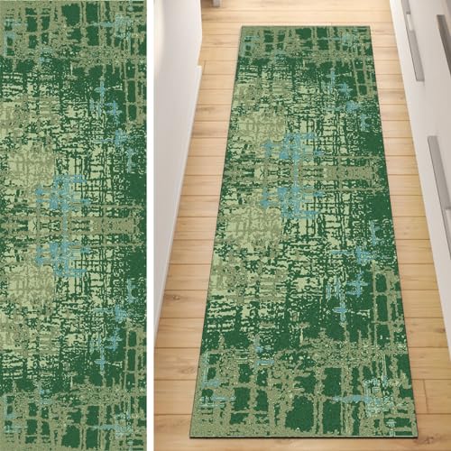 QQrunner Läufer Flur Küche Teppich rutschfest Grün 50x120CM Lang Kücheläufer Waschbar Meterware Abstrakt Teppichmatten Korridor Polyester Wohnzimmer Schlafzimmer 40-120cm Breit, Anpassbare Größe von QQrunner