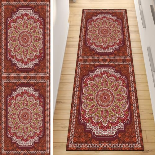 QQrunner Läufer Flur Küche Teppich rutschfest Rot 80x220CM Lang Kücheläufer Waschbar Meterware Vintage Teppichmatten Korridor Polyester Wohnzimmer Schlafzimmer von QQrunner